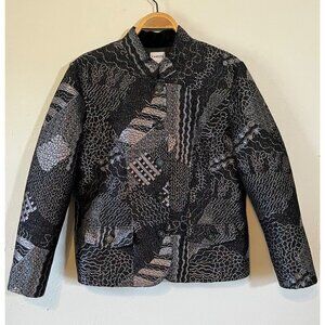 Chicos Metallic Blazer Size 2 Black Silver Rainbow Button Up Jacket Geometric